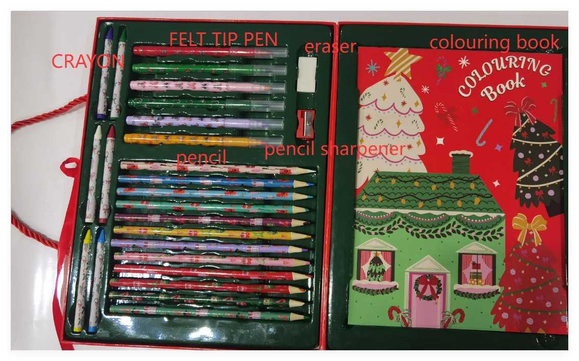 Kids coloring set. This set includes coloring book with coloring pencils, pencil sharpener, erasers; felt tipped pen, and crayons. These items are packaging together for retail sale