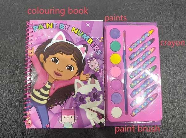 Coloring book paints set. This set includes a paint by number coloring book, paints, paint brush and crayons. These items are packaged together for retail sale.