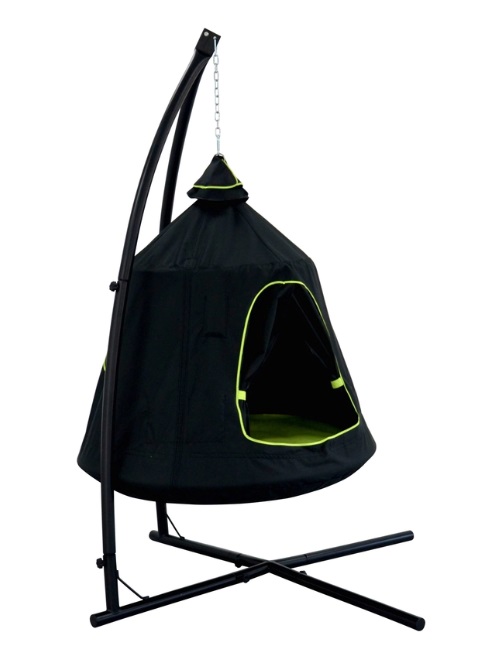 Sensory Blackout Swing Seat. 

It is an enclosed hanging swing seat designed to provide a quiet and comfortable space for children. The cocoon-style design includes blackout curtains on the door and windows, an inflatable cushion base for seating, an LED light strip and two storage pockets to hold books, toys or other small items.
The frame is made from steel and the seat is constructed from waterproof fabric allowing it to be used indoors or outdoors. It includes an air pump for the inflatable cushion and requires 3x AA batteries (not included) for the LEDs.
Dimensions are 111L x 111W x 207H cm and the maximum user weight is 100kg.
