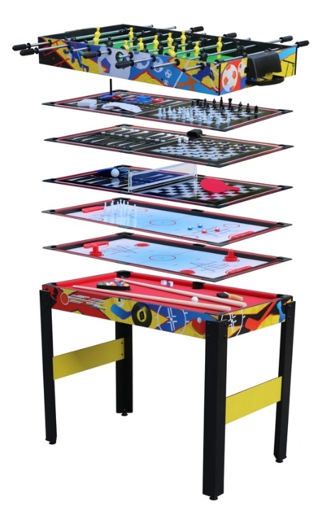 Games Table. 

It contains 12 games in one table. These include billiards, table football, air hockey, table tennis, ring toss, horseshoes, bowling, shuffleboard, chess, checkers, backgammon and cards.
It includes all the accessories you need to play all 12 games and is easy to swap surfaces for quick changeovers. It measures 124L x 59W x 90H cm.