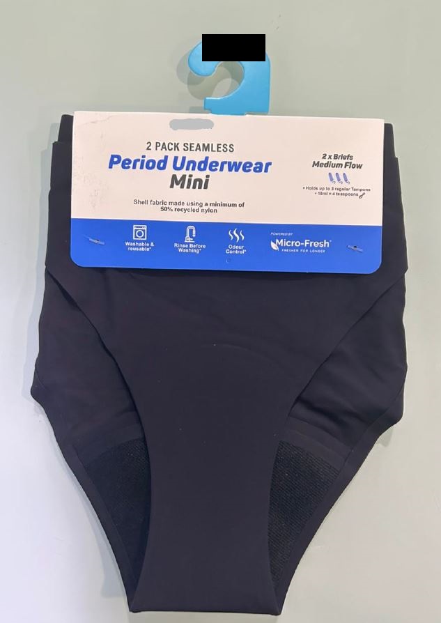 Period Pants. They are made of knitted nylon fabric with an additional non-removeable three layers in the crotch area. 

The first layer is a top gusset that is made of 100% polyester with wicking properties and anti-microbial finish applied, the second is an absorption layer that is made of 87% polyester & 13% nylon towelling fabric and the final is the waterproof layer that is 100% waterproof membrane on the underside of towelling.
They are designed to be worn by women during menstruation and are intended for multiple uses.