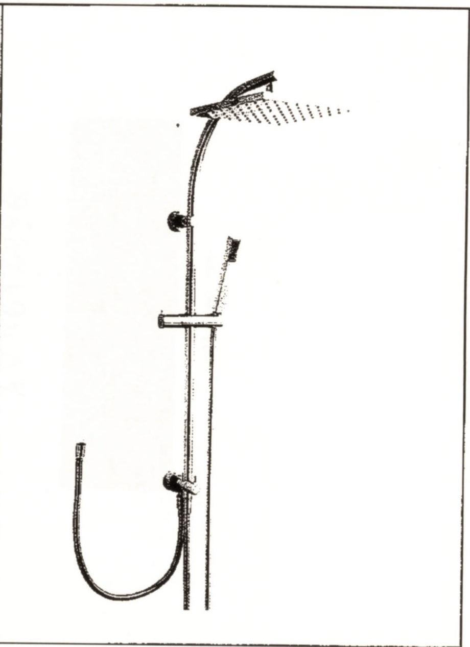 COLONNA DOCCIA. L'ARTICOLO E' COSTITUITO DA UN RUBINETTO/DEVIATORE IN OTTONE, DA UN TUBO IN OTTONE  AL CUI INTERNO E' POSTO UN TUBICINO IN PLASTICA PER LA CONDUZIONE DELL'ACQUA, UN SOFFIONE MONO-GETTO E UNA DOCCIA IN PLASTICA MONO-GETTO (ENTRAMBI NON CONSENTONO LA VARIAZIONE DEL GETTO DELL'ACQUA). IL RUBINETTO/DEVIATORE CONSENTE DI DEVIARE IL FLUSSO DELL'ACQUA DAL SOFFIONE ALLA DOCCIA O DI CONSENTIRE CHE RAGGIUNGA ENTRAMBI CONTEMPORANEAMENTE MA NON CONSENTE DI MISCELARE LA TEMPERATURA NE' DI VARIARE L'INTENSITA' DEL FLUSSO ACQUA.