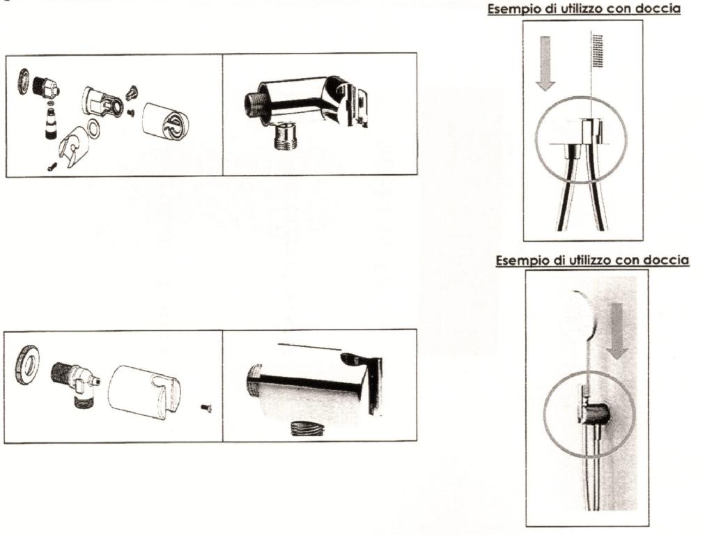 SUPPORTO DOCCIA CON PRESA D'ACQUA INTEGRATA. 
IL SUPPORTO È COMPOSTO DA COPERCHIO ESTETICO IN PLASTICA CROMATA, A COPERTURA DEI CORPI CURVA IN OTTONE, GUARNIZIONI E VITI; LE DIMENSIONI VARIANO DA 40 MM A 90 MM, CON SUPPORTO DOCCIA SIA ORIENTABILE CHE FISSO, CON SEZIONE CIRCOLARE E QUADRATA.
L'ARTICOLO PERMETTE DI CONVOGLIARE IL FLUSSO D'ACQUA DALLE TUBATURE NELLA PARETE AL TUBO FLESSIBILE ESTERNO, FINO AD ARRIVARE ALLA DOCCETTA; NEL CONTEMPO, SOSTIENE LA DOCCETTA STESSA.
