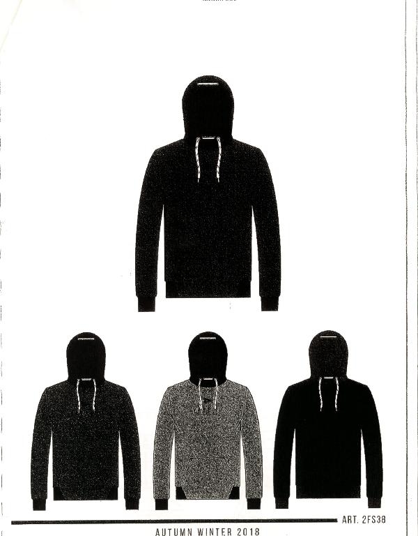 CAPO DI ABBIGLIAMENTO PER UOMO DA INDOSSARE NELLA PARTE SUPERIORE DEL CORPO, REALIZZATO, PER DICHIARAZIONE DI PARTE,CON TESSUTO A MAGLIA COMPOSTO DA 65% POLIESTERE E 35% COTONE (280/290 GSM). IL CAPO CON CAPPUCCIO E A MANICHE LUNGHE, PRESENTA UN RESTRINGIMENTO ALLA BASE DELLA VITA ED IN CORRISPONDENZA DEI POLSI, UN RESTRINGIMENTO CON CORDONCINO SCORREVOLE INTORNO AL CAPPUCCIO E DUE TASCHE COMUNICANTI SUL DAVANTI.
IL PRODOTTO E'COMMERCIALIZZATO IN DIVERSE TAGLIE E DIVERSI COLORI.
