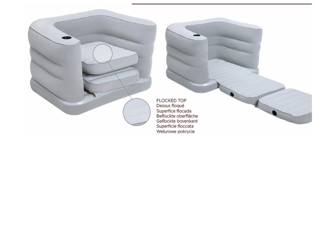 POLTRONA/DIVANO GONFIABILE TRAMITE POMPA (INCLUSA O NON), ANCHE TRASFORMABILE IN LETTO, DI VARIE MISURE E MODELLI, CON O SENZA CUSCINI.
L'ARTICOLO E' REALIZZATO IN PVC.