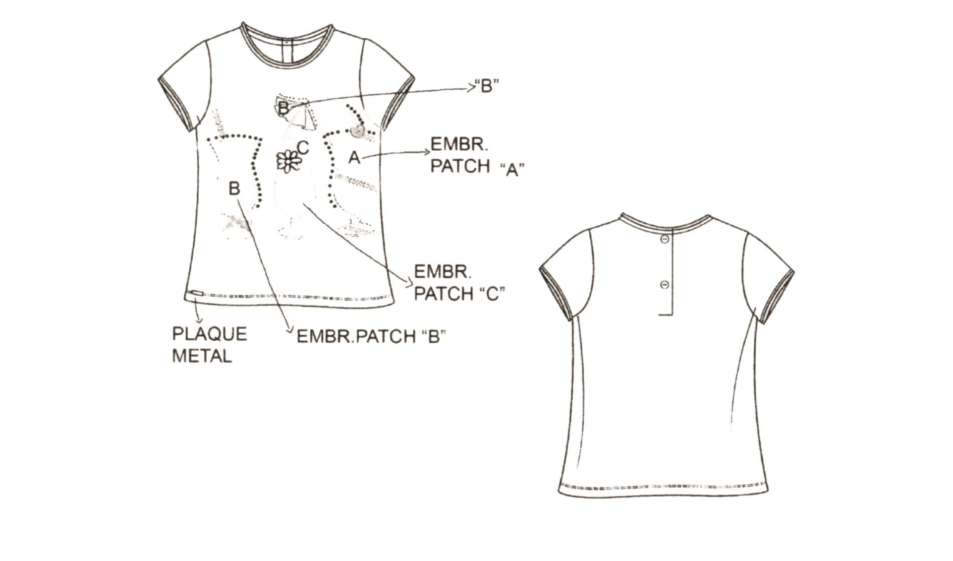 BLUSETTA DI STOFFA A MAGLIA TIPO T-SHIRT DA BAMBINA (TAGLIE DA 24 MESI A 3 ANNI). LA MAGLIETTA E' DI COLORE BIANCO, CON MANICHE CORTE, BORDO INFERIORE ORLATO, SCOLLO ROTONDO CON APERTURA PARZIALE SUL DIETRO CHE SI CHIUDE CON DUE BOTTONI. SUL DAVANTI SONO PRESENTI APPLICAZIONI E RICAMI CON SCOPO DECORATIVO.
COMPOSIZIONE 95% COTONE - 5% ELASTOMERO.