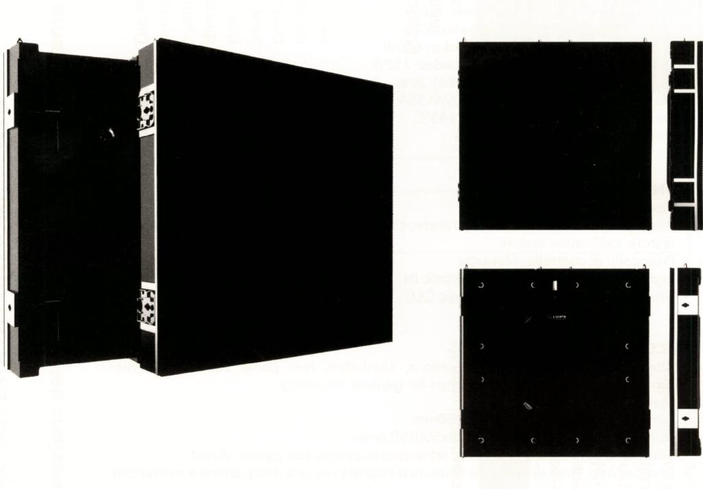 SISTEMA DI PANNELLI MODULARI LED.
L'ARTICOLO E' DESTINATO AD ESSERE UTILIZZATO IN STUDI TELEVISIVI, EVENTI, CONCERTI, FIERE, ECC.
IL SISTEMA SI COMPONE DI DIVERSI PANNELLI MODULARI CHE MISURANO CIASCUNO 50 X 50 CM. CIASCUN PANNELLO PRESENTA LED SMD CAPACI DI RIPRODURRE COLORI ROSSO, VERDE E BLU ED HA UNA RISOLUZIONE DI 128 X 128 PIXEL, UNA DISTANZA TRA I PIXEL DI 3,9 MM, UN FLUSSO LUMININOSO DI 1000 CD/MQ E UNA FREQUENZA DI AGGIORNAMENTO DI CIRCA 1920 HZ. I PANNELLI CONTENGONO, ALTRESÌ', L'ELETTRONICA DI FUNZIONAMENTO.
