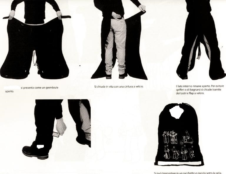 COPRIGAMBE DI TESSUTO SINTETICO (POLIESTERE) UTILIZZABILE COME SOVRAPANTALONE, 100% IMPERMEABILE, CON INTERNO IMBOTTITO.
IL PRODOTTO E' UN ACCESSORIO DI ABBIGLIAMENTO INDOSSATO DAI MOTOCICLISTI PER RIPARARSI DALLE INTEMPERIE: ACQUA, VENTO E FREDDO.
IL CAPO COPRE LA PARTE ANTERIORE E LATERALE DI GAMBE E BACINO, MUNITO, NELLA PARTE INTERNA, DI UN'IMBOTTITURA TRAPUNTATA; SI ASSICURA IN VITA ED ALLE GAMBE TRAMITE CINTE E CINTINI DOTATI DI VELCRO. IL PRODOTTO, RACCHIUSO IN UN SACCHETTO SINTETICO NERO, E' CONFEZIONATO IN UNA BUSTA IN POLIETILENE TRASPARENTE PER LA
VENDITA AL DETTAGLIO.