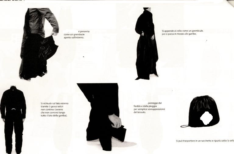 COPRIGAMBE DI TESSUTO SINTETICO (POLIESTERE) UTILIZZABILE COME SOVRAPANTALONE, 100% IMPERMEABILE,  CON INTERNO IMBOTTITO.
IL PRODOTTO E' UN ACCESSORIO DI ABBIGLIAMENTO INDOSSATO DAI MOTOCICLISTI PER RIPARARSI DALLE INTEMPERIE: ACQUA, VENTO E FREDDO.
IL CAPO (SALOPETTE) COPRE IL CORPO DELLA VITA FINO AI PIEDI ED HA UN LEMBO DI STOFFA, CON UNA TASCA, CHE COPRE IL PETTO ED E' SORRETTO DA UN CINTINO DI STOFFA CHE SI LEGA ATTORNO AL COLLO.
NELLA PARTE INFERIORE LA SALOPETTE E' COMPLETAMENTE APRIBILE IN QUANTO SI CHIUDE SOLO TRAMITE TRE STRISCE DI VELCRO PRESENTI SU OGNI LATO. 
NELLA TASCA PRESENTE SUL PETTO E' CUCITO UN SACCHETTO IN CUI RIPORRE LA SALOPETTE. IL PRODOTTO E' CONFEZIONATO IN UNA BUSTA IN POLIETILENE TRASPARENTE PER LA VENDITA AL DETTAGLIO.