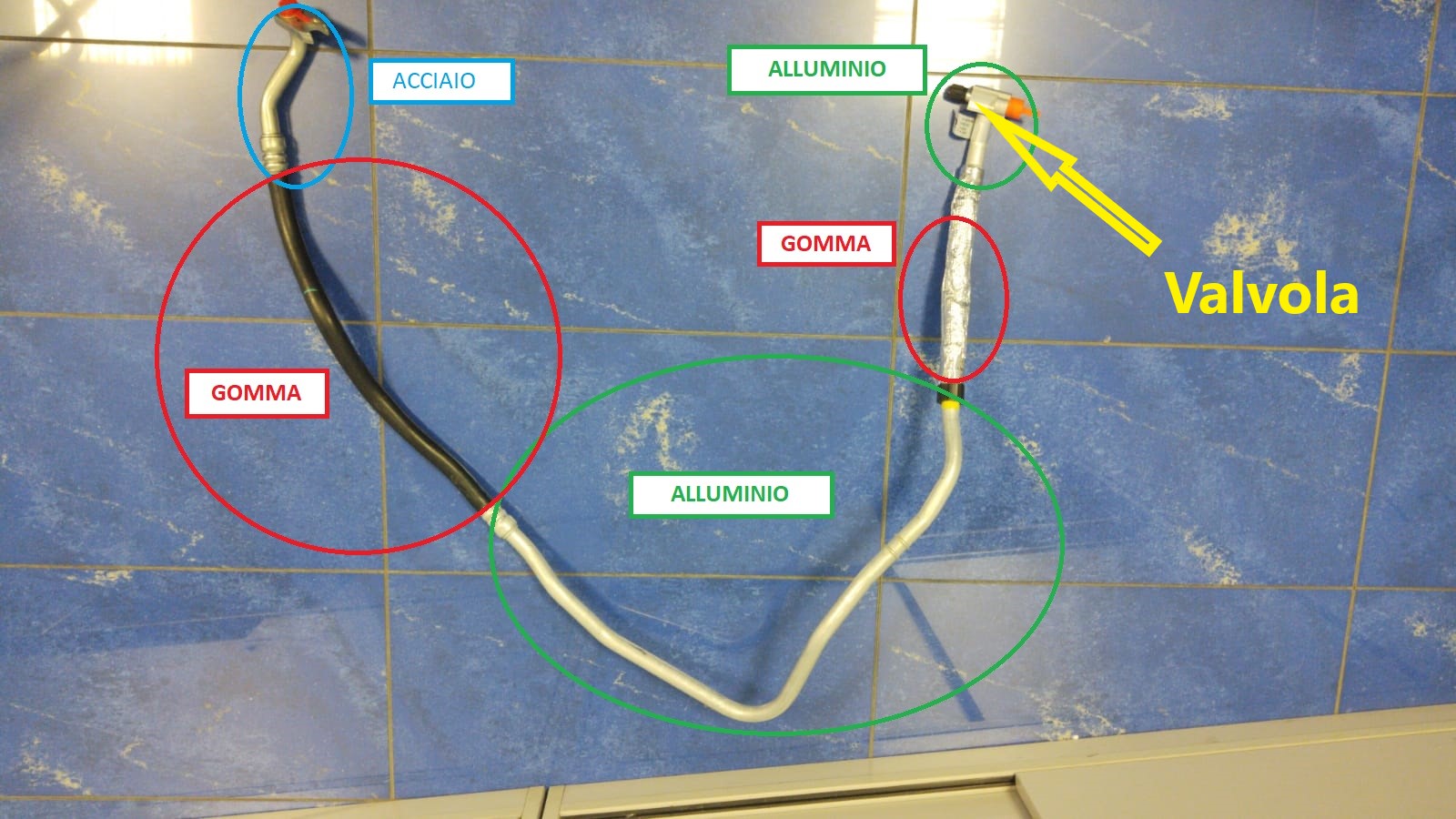 VALVOLA DI RITEGNO APPLICATA SU UN TUBO FLESSIBILE. 
L’ARTICOLO E’ COMPOSTO DA UNA VALVOLA DI RITEGNO IN ALLUMINIO  DI DIAMETRO ESTERNO DI 13 MM, ALTEZZA 20 MM, CON FORO INTERNO FILETTATO E DOTATO DI MECCANISMO A SPILLO, INTEGRATA SU UN BLOCCHETTO DI ALLUMINIO CON INCAMERATURA A 90° RISPETTO AL TUBO DI 16 MM DI DIAMETRO A CUI E’ SALDATO; UN TRATTO DI TUBO IN GOMMA AVENTE DIAMETRO ESTERNO DI 23,5 MM, DIAMETRO INTERNO DI 15,88 MM, LUNGHEZZA DI CIRCA 230 MM E DOTATO DI UNA COPERTURA IN GUAINA TERMORIFLETTENTE PER TUTTA LA SUA LUNGHEZZA; UN TRATTO DI TUBO IN ALLUMINIO DI DIAMETRO ESTERNO DI 19 MM, SPESSORE 1,24 MM, SAGOMATO A 9 PIEGHE E LUNGHEZZA DI CIRCA 840 MM; UN TUBO PREFORMATO IN GOMMA A 4 PIEGHE, AVENTE DIAMETRO ESTERNO DI 23,5 MM, DIAMETRO INTERNO DI 15,88 MM E UNA LUNGHEZZA DI CIRCA 550MM; UN TRATTO DI TUBO IN ACCIAIO A DUE PIEGHE, DI DIAMETRO ESTERNO DI 19 MM, SPESSORE 1,24 MM E UNA LUNGHEZZA DI CIRCA 240 MM. LE PARTI DI TUBO IN ALLUMINIO E ACCIAIO SONO UNITE ALLA PARTE IN GOMMA ATTRAVERSO UNA OPERAZIONE DI AGGRAFFATURA.
L'ARTICOLO E' DESTINATO AD ESSERE UTILIZZATO IN UN IMPIANTO DI CONDIZIONAMENTO PER CONSENTIRE IL CARICAMENTO DEL GAS.
PRESSIONE DI ESERCIZIO FINO A 2500 Mpa.