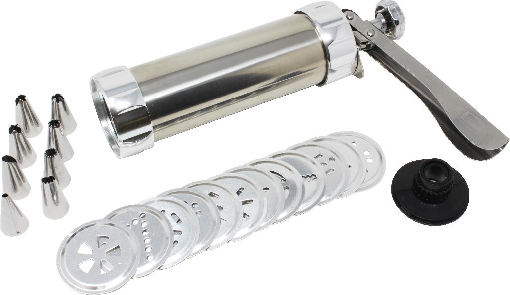 UTENSILE DA CUCINA  IN ACCIAIO INOX CON DISCHI E BECCUCCI
L'ARTICOLO È UTILIZZATO  PER LA REALIZZAZIONE DI GLASSE E DI  BISCOTTI DI VARI FORMATI.
E’ UN APPARECCHIO MECCANICO  AZIONATO A MANO TRAMITE UNA MANIGLIA, ED E’ COSTITUITO DA UNA PRESSA A MANO, 13 STAMPI A DISCO ED 8 BECCUCCI PER GLASSA.
DIMENSIONI: 155 MM x 55 MM x 220 MM
PESO SPARABISCOTTI ED ACCESSORI : 0,516 KG
IL PRODOTTO SI PRESENTA ALLA  VENDITA  IN  SCATOLA DI CARTONE LITOGRAFATA.