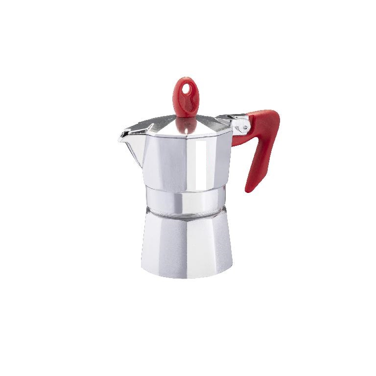 APPARECCHIO PER LA PREPARAZIONE DEL CAFFÈ IN LEGA DI ALLUMINIO EN601, MANICO E POMELLO DEL COPERCHIO IN NYLON PA66 CARICATO VETRO.
LA CAFFETTIERA  SI COMPONE DI TRE PARTI: LA CALDAIA, L’IMBUTO E IL CONTENITORE CON FILTRO. LA CALDAIA, OTTENUTA PER FUSIONE, È DESTINATA A CONTENERE L’ACQUA DA PORTARE AD EBOLLIZIONE; L’IMBUTO, OTTENUTO PER STAMPAGGIO, È DESTINATO AD ESSERE RIEMPITO CON CAFFÈ MACINATO; LA PARTE SUPERIORE, COSTITUITA DAL CONTENITORE E DAL FILTRO OTTENUTI PER STAMPAGGIO, RACCOGLIE LA BEVANDA CALDA.
IL PRODOTTO SI  PRESENTA ALLA VENDITA  IN UN CARTONCINO LITOGRAFATO.