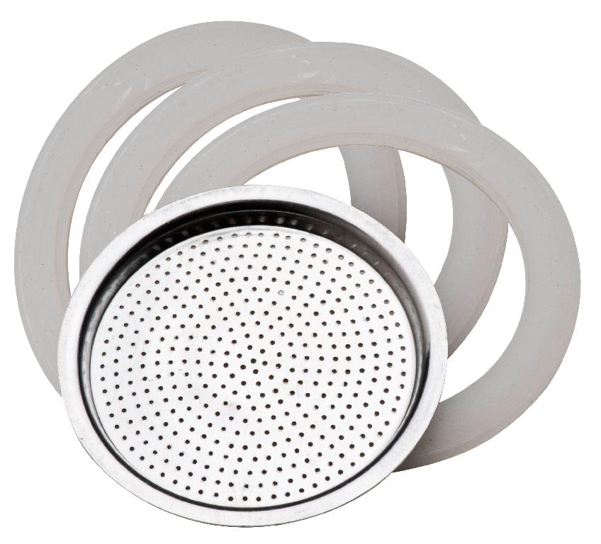 PARTI DI CAFFETTIERA IN ALLUMINIO COMPOSTE DA  FILTRO IN ALLUMINIO E 3 GUARNIZIONI IN SILICONE.
I SINGOLI PEZZI SONO UTILIZZATI PER SOSTITUIRE GUARNIZIONI E FILTRI  USURATI O NON PIÙ UTILIZZABILI.
IL FILTRO TRATTIENE LA POLVERE DEL CAFFE' ED EVITA CHE RESTI IN SOSPENSIONE NELLA BEVANDA FINALE (CAFFE'); LA GUARNIZIONE TRATTIENE IL FILTRO IN POSIZIONE.
IL PRODOTTO SI PRESENTA ALLA VENDITA IN UN UNICO BLISTER COME ASSORTIMENTO.