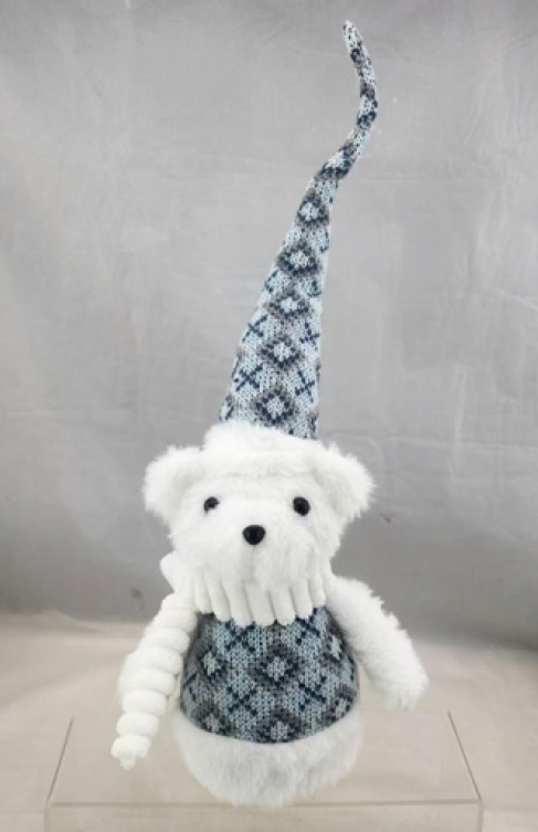 Manufatto tessile in poliestere a maglia, occhi e naso in acrilico, imbottito con ovatta, sabbia e resina di polietilene a forma di orsetto nella variante "Orso bianco e azzurro (white bear)" della misura di circa 40 cm imballato singolarmente in una confezione trasparente (sacchetto).