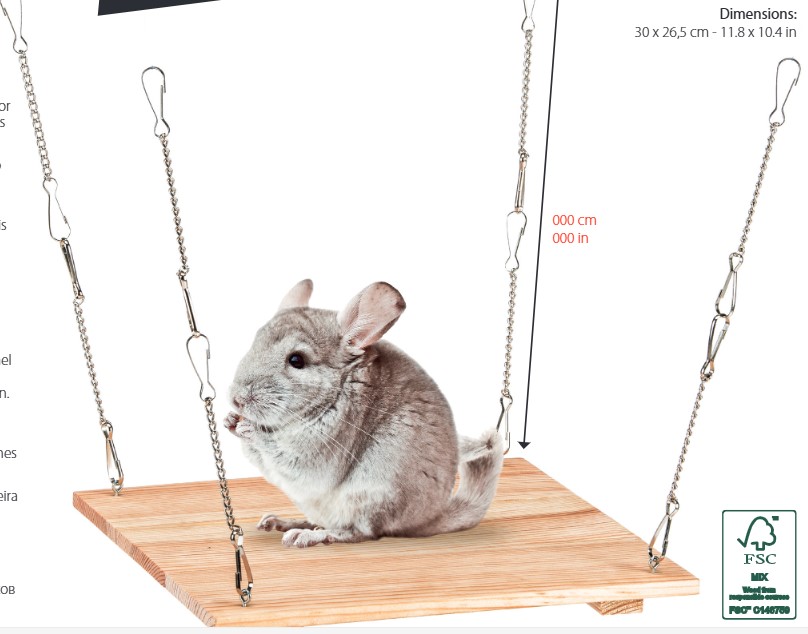 Altalena in legno destinata ad essere appesa come accessorio all'interno delle gabbie per il divertimento di piccoli animali.

Si tratta di un oggetto composito realizzato con catenelle in ferro e piano in legno di dimensione 30 cm x 26,5 cm circa. Il carattere essenziale è conferito dal piano in legno.