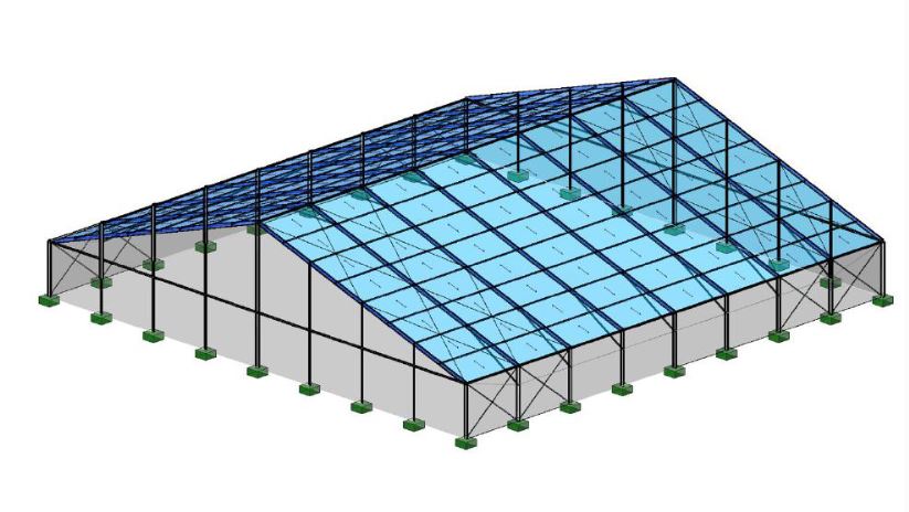 Tenda struttura modulare realizzata con elementi prefabbricati in alluminio anodizzato e accessori vari.

La struttura è modulare e componibile, con dimensioni planimetriche del modulo pari a m 40 x m 5, e può essere adattata in base alle esigenze specifiche.

Il tetto e le pareti laterali e frontali sono completamente chiusi mediante teli in PVC ad alta resistenza, progettati per garantire la copertura totale della struttura e protezione dagli agenti atmosferici.

La parte portante è composta da profili in alluminio anodizzato 6061-T6, assemblati tramite innesti e bulloni in acciaio. I teli sono fissati con ganci metallici per una chiusura stabile e duratura.

Le colonne sono dotate di piastre in acciaio vincolate al suolo mediante picchetti, assicurando stabilità e resistenza.

Al momento dell’importazione, la tenda struttura viene fornita smontata, con tutti i componenti necessari e in quantità coerenti per l’assemblaggio completo della struttura.
La tenda struttura è progettata per garantire solidità, protezione e funzionalità in contesti quali eventi, manifestazioni o accoglienza di persone.