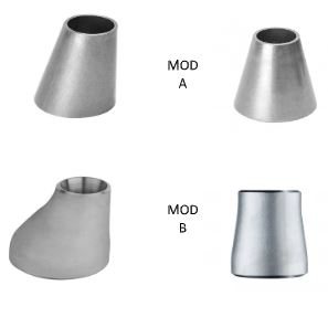 Riduzioni concentriche/eccentriche a saldare realizzate in acciaio inox AISI 304, prodotti con imbutitura e/o estrusione a caldo / freddo di tubi senza saldatura o di tubi saldati e successiva lavorazione meccanica di lucidatura interna per utilizzo nella produzione di macchinari alimentari.
