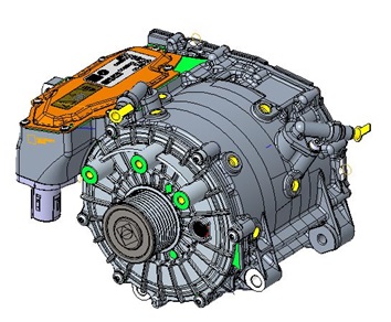 Generatore di avviamento integrato.  Secondo i dati forniti, l’articolo è un sistema integrato composto da una macchina elettrica, un inverter situato in un alloggiamento comune che comprende puleggia, sensori, circuito di raffreddamento, punti di fissaggio dei connettori HV (alto voltaggio) e LV (basso voltaggio) per l'alimentazione e la comunicazione da e verso un autoveicolo elettrico-ibrido. Il dispositivo è progettato per essere fissato al motore a combustione interna e per trasmettere la coppia con l'aiuto di una cinghia e una puleggia, direttamente all'albero motore  del motore a combustione interna e viene utilizzato per avviare quest’ultimo, per assisterlo durante il funzionamento stop & start e per eseguire la ricarica della batteria relativa al sistema di accumulo elettrico.