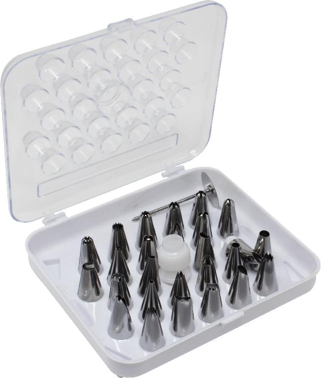 Assortimento  costituito da n. 26 beccucci in acciaio inox e da un raccordo in  plastica, destinati ad essere montati in un sacco decoratore per pasticciere. Gli ugelli sono costituiti da lamine in acciaio inox a forma di cono cavo, aperto da entrambi i lati, con l’apertura più stretta frastagliata per decorare torte, pasticcini, biscotti, ecc. Essi  sono intercambiabili, a seconda del tipo di decorazione desiderata e si fissano tramite il raccordo in plastica PP sul sacco decoratore (non compreso nell'assortimento e non oggetto della presente ITV).
Dell'assortimento fa parte anche un accessorio in acciaio inox per creare decorazioni singole.
Il set è condizionato per la vendita al minuto in una valigetta in plastica PP munita di alloggiamenti specifici per i singoli pezzi, per permettere una facile visione e scelta del beccuccio e per mantenerli nella propria posizione durante gli spostamenti.

Il singolo set è munito di fascia in cartoncino illustrato appendibile, riportante l’immagine e le caratteristiche del prodotto.
L'articoloo pesa 226 grammi. La valigetta è delle dimensioni di cm 20 x 18 x 5 circa