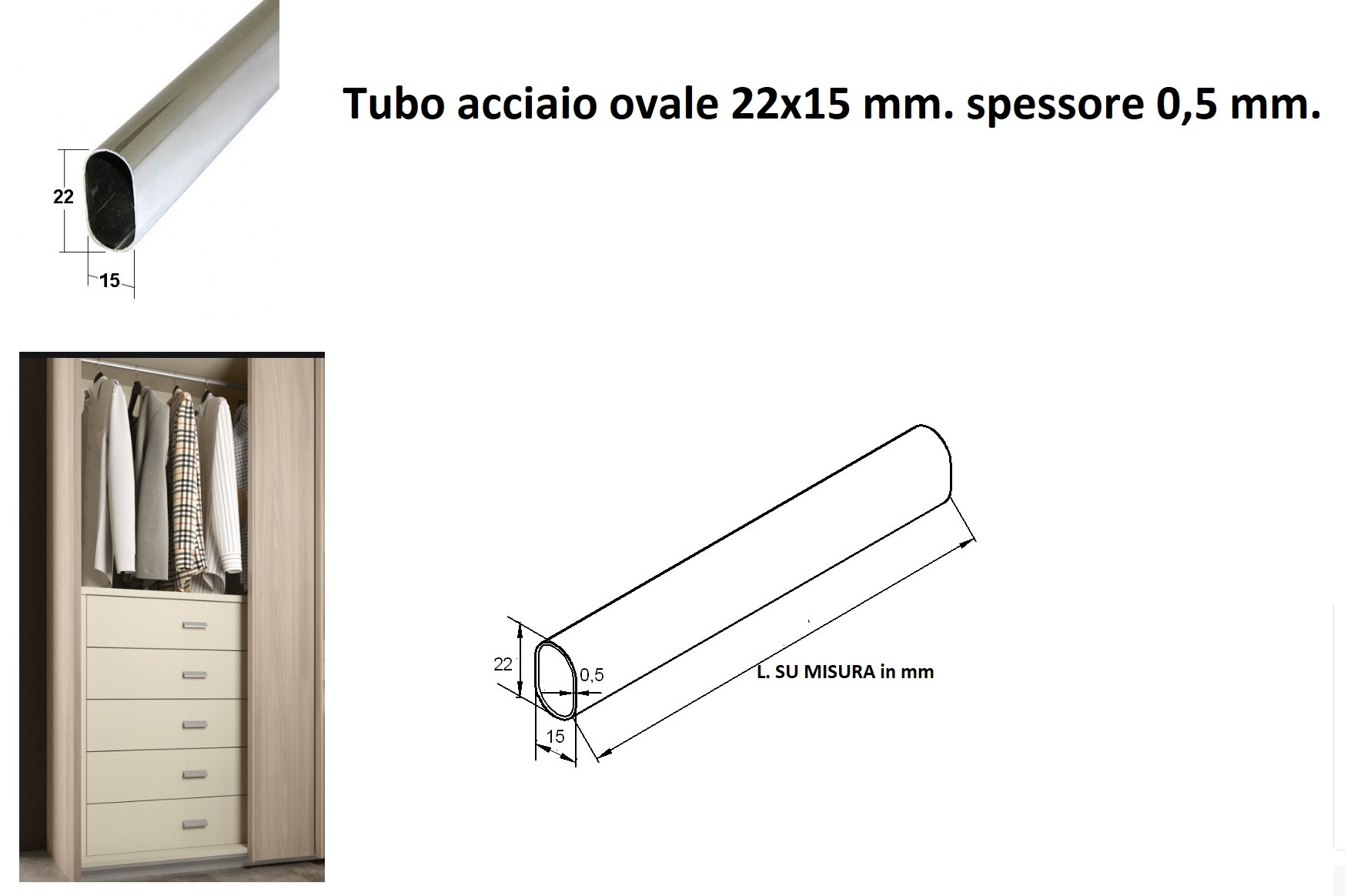 Tubolare vuoto in acciaio. Per dichiarazione di parte, l’articolo ha subito un trattamento galvanico in finitura nichel e cromo. Il tubolare ha una sezione ovale di dimensioni 22 x 15 x 0,5 mm e si presenta tagliato a misura a secondo della destinazione di utilizzo.