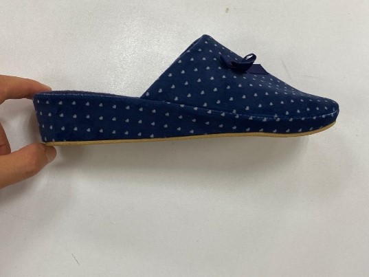Pantofola da donna.

La tomaia risulta costituita da materiale tessile (poliestere) di tipo vellutato. La superficie della suola esterna presenta rilievi antiscivolo ed è costituita da uno strato di materia plastica non alveolare. L'intersuola, costituita da materiale polimerico, non è removibile ed è foderata, nella parte a contatto con il piede, con materiale tessile. La pantofola presenta una zeppa.