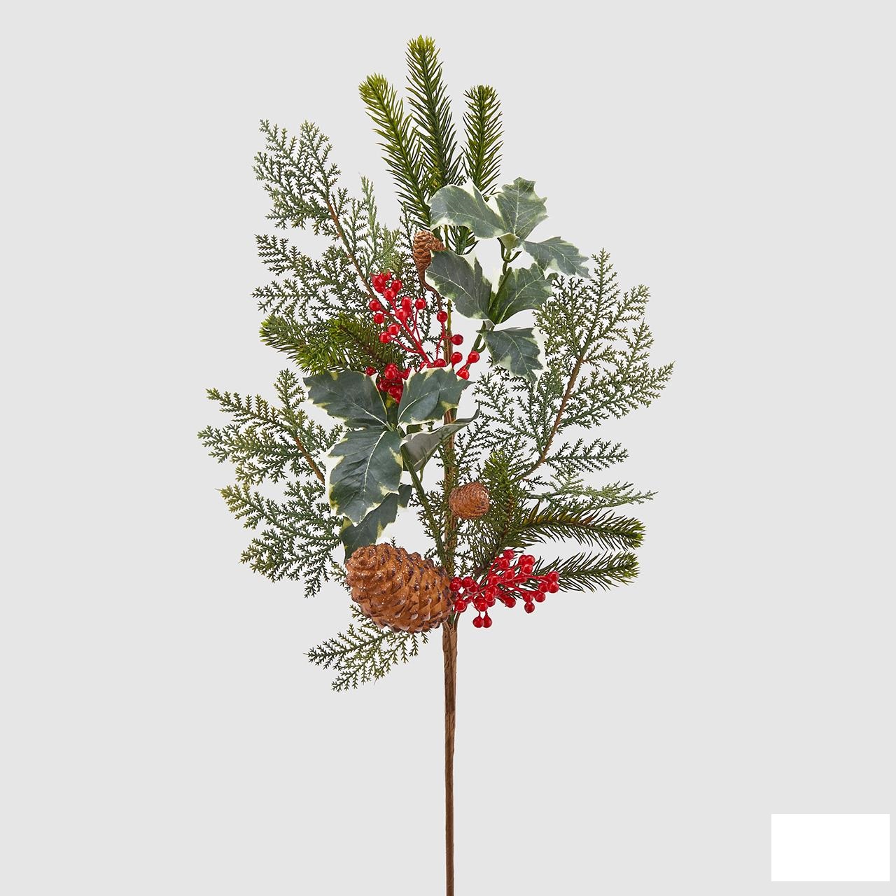 Ramo decorativo.
Il prodotto, realizzato principalmente in plastica, è costituito da un ramo principale ad imitazione dell'abete con anima in fil di ferro da cui partono più diramazioni ad imitazione di agrifoglio, bacche rosse e  pigne.
La merce è condizionata alla vendita al minuto in una scatola di cartone.