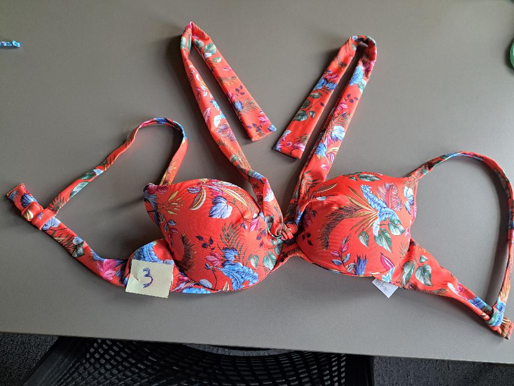 Reggiseno, cosiddetto top bikini da donna, formato da due coppe sagomate, imbottite e rinforzate da ferretti. Il reggiseno, realizzato in tessuto foderato a  maglia di fibre sintetiche, ha spalline strette,  due fasce verticali di tessuto da annodare dietro al collo e si chiude sul retro con una fibbia di plastica.