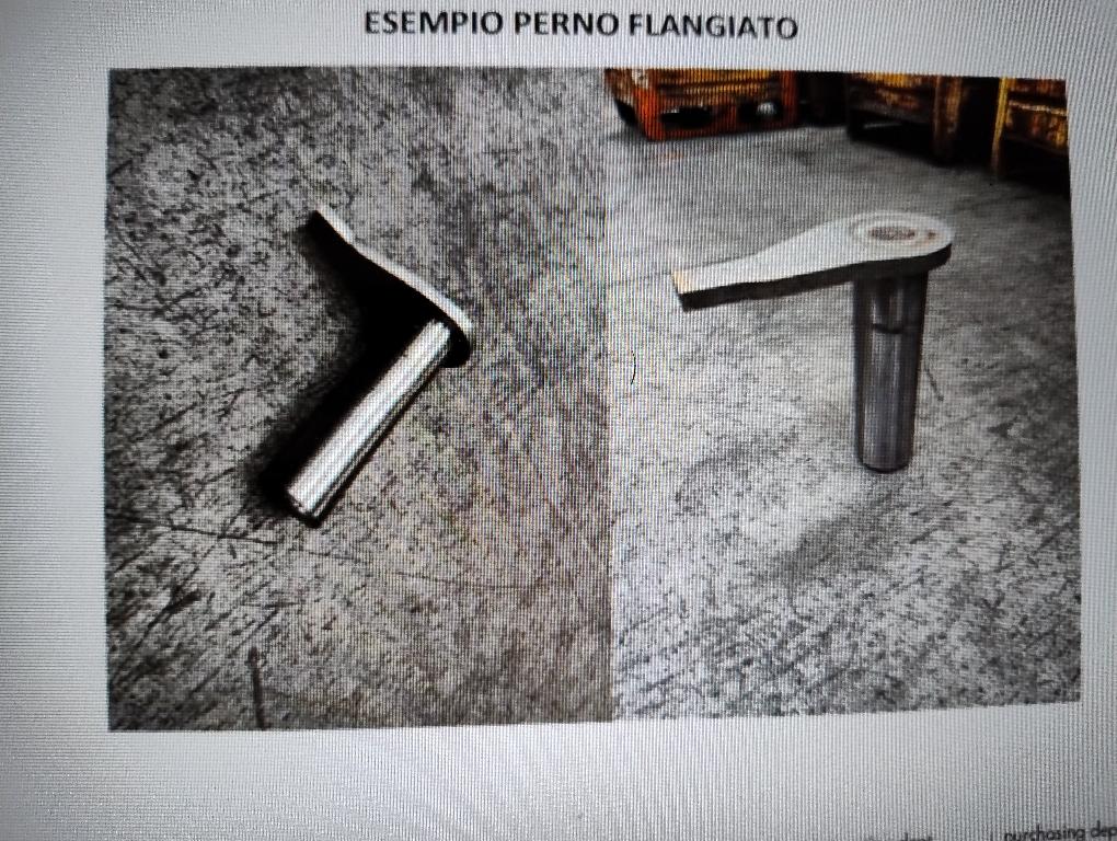 Perno flangiato.
L’articolo è un particolare tipo di perno in acciaio che presenta ad una delle due estremità un piatto di varie 
forme e dimensioni (generalmente definito flangia) sempre di materiale metallico, legato indissolubilmente 
al perno tramite saldatura. 
L’articolo perno con flangia è un componente  delle macchine movimento terra (ad esempio  escavatori e bulldozer), in grado di assicurare l’accoppiamento ed il movimento relativo di diversi elementi di tali macchine, sopportando le pesanti sollecitazioni meccaniche connesse alle forze di lavoro. 
Il perno può avere una lunghezza variabile a seconda della tipologia da 60 mm a 1500 mm ed un diametro 
variabile tra i 20 mm e i 200 mm. 
All’interno è dotato di un filetto che viene utilizzato per l’estrazione, una volta che il perno è usurato e può 
essere dotato di fori per permetterne la lubrificazione. 
La flangia a cui il perno è saldato può avere forme e dimensioni variabili come ad esempio a forma di losanga,  rettangolare, con bordi smussati, trapezoidale con lunghezze e spessori variabili. 
La flangia può avere fori, asole, con o senza filetto interno. 
Il perno con flangia è impiegato in diverse sezioni delle macchine movimento terra come ad esempio bracci 
articolati di sollevamento e relativo collegamento a benne e pale.
