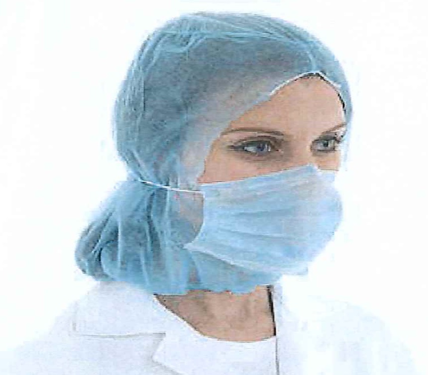 Cappuccio monouso  in tessuto non tessuto di polipropilene (PP).
L'articolo è impiegato prevalentemente nel settore agroalimentare ed industriale.
Il cappuccio ha incorporata mediante cucitura una mascherina a tre veli  con elastico di mantenimento.
Colori disponibili: bianco e blu.