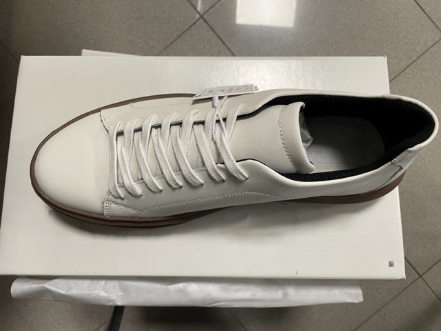 Calzatura da uomo, con tomaia in cuoio ricostituito di colore bianco e suola esterna in materia plastica/gomma.

La calzatura ha una misura della suola interna superiore ai 24 cm e non ricopre la caviglia, la mascherina non presenta intagli. Sistema di chiusura a lacci tradizionale. Non è presente il puntale protettivo.