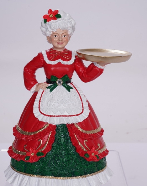 Statuina decorativa natalizia raffigurante “Mamma Natale” (Mrs Claus). L'articolo è un  oggetto ornamentale realizzato interamente in resina sintetica, ideato per la decorazione di ambienti interni durante il periodo natalizio.

Le statuine presentano un’altezza variabile dai 20 ai 35 centimetri, a seconda del modello, e sono dipinte nei colori tipici del Natale, ossia rosso, bianco e verde, che contribuiscono a evocare l’atmosfera festiva.

Il prodotto è esclusivamente decorativo e non destinato all’uso come giocattolo. È pensato per ornare abitazioni, vetrine o ambienti commerciali durante le festività natalizie, costituendo un elemento estetico e tradizionale.

Le statuine vengono imballate singolarmente in scatole di cartone, oppure, in alcuni casi, confezionate in gruppi di più pezzi, in base alle dimensioni e alle esigenze di spedizione.
La figura rappresenta Mamma Natale, personaggio della tradizione natalizia, ritratta come una signora non giovane sorridente e gentile, che vive con Babbo Natale.