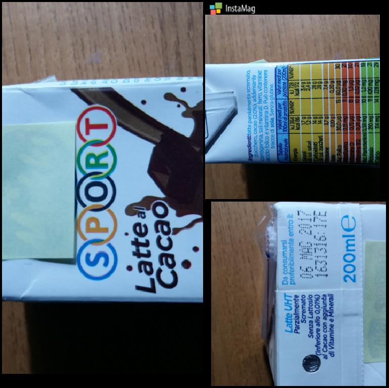 LIQUIDO MARRONE, CON AROMA GRADEVOLE E SAPORE DOLCE.
TRATTASI DI BEVANDA A BASE DI LATTE CON AGGIUNTA DI VITAMINE E SALI MINERALI.
LA STESSA E' DESTINATA ALL'ALIMENTAZIONE DI GIOVANI CHE PRATICANO UN'ATTIVITA' SPORTIVA. 
IL PRODOTTO E' COMMERCIALIZZATO IN UN ASTUCCIO DI CARTONCINO DI COLORE PREVALENTEMENTE BIANCO CONTENENTE TRE BRICK DI TETRAPACK DI 200 ML CADAUNO, DOTATI SINGOLARMENTE DI CANNUCCIA IN PLASTICA.
COMPOSIZIONE DICHIARATA: LATTE SCREMATO 91%, ZUCCHERO 6,7,CACAO 2%,SALI MINERALI, VITAMINE E CARRAGINA 0.3%.