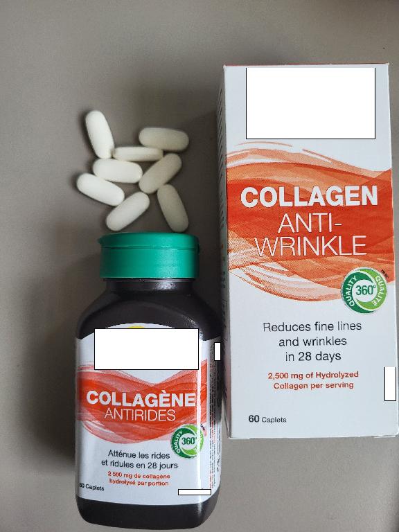 Maisto papildas - kolagenas nuo raukšlių. Baltos spalvos pailgos tabletės.
Maisto papildas padeda palaikyti normalią odos drėgmę ir elastingumą.
Produkto sudėtyje krakmolas/gliukozė sudaro mažiau nei 5 proc. masės, sacharozės/invertuotojo cukraus/izogliukozės, pieno baltymų ir pieno riebalų nėra.
Tabletės  supakuotos į mažmeninei prekybai skirtą pakuotę po 60 vnt.