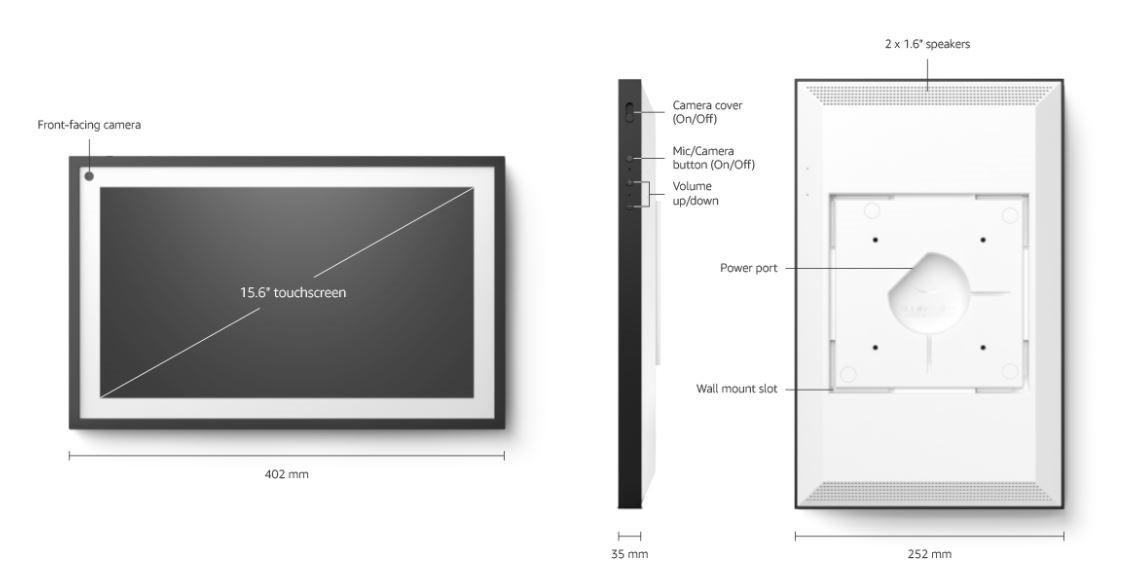 Appareil de communication multifonctionnel : Il s’agit d’un appareil à commande vocale (par  4 ‎microphones) et tactile (par ‎un écran tactile rectangulaire de ‎15,6’’ ‎avec une résolution de 1920 x ‎‎1080‎) conçu pour interagir avec son utilisateur et transmettre la voix, des images et d’autres ‎données.‎
Il est doté de ‎deux haut-parleurs 1,6"‎ et d’une caméra (13 mégapixel). ‎
L’appareil est opéré par un processeur Amlogic PopcornA (Pop1) octa-core ‎SoC et un moteur ‎Amazon AZ2 pour les réseaux ‎neuronaux, une mémoire interne (utilisée pour stocker les ‎logiciels ‎‎nécessaires pour exécuter le ‎système ‎d'exploitation et pour télécharger les ‎mises à jour du ‎‎système), et un module WI-FI et ‎‎Bluetooth‎ pour la ‎‎communication avec les Amazon Web Services ‎et des fournisseurs de services tiers.‎
L' appareil est également doté d'un hub domestique intelligent intégré compatible avec les ‎‎‎protocoles de communication sans fil, qui permettent aux appareils intelligents (ampoules, ‎‎‎prises, thermostats, capteurs de mouvement) de communiquer entre eux via des réseaux ‎‎‎personnels.‎
Il mesure 402 mm x 252 mm x 35 mm et est presenté avec un adaptateur d’alimentation externe ‎et d'un ‎support mural pour être fixé au mur. ‎
L'appareil est capable d'interagir avec la voix, de recevoir et reproduire de la musique, des livres ‎‎audio et des vidéos (des ‎abonnements peuvent être requis par des fournisseurs de streaming), ‎‎d’afficher des images, de jouer ‎des jeux vidéo, de communiquer par vidéo et audio avec une ‎‎sonnette visiophone, ‎ de ‎créer des listes de tâches, de passer des appels VoIP ou vidéo, de définir ‎‎des ‎alarmes, de ‎fournir la météo, le trafic et d'autres informations/nouvelles en ‎temps réel, de ‎‎produire des réponses aux questions posées par l’utilisateur, de contrôler des appareils ‎‎domestiques intelligents (p.ex. éclairage).‎
Les tâches que l'appareil peut effectuer sont exécutées par le système d'exploitation et ‎‎dépendent des fonctions disponibles sur les serveurs cloud.‎
Il s’agit donc d’un appareil « intelligent » (Smart Display), qui interagit avec son utilisateur : il reçoit ‎‎une commande, l’interprète, la transmet à un serveur ‎‎(cloud), reçoit la ‎réponse d’un serveur et ‎répond ainsi à la commande par une forme auditive ou ‎visuelle. ‎
L'appareil ne peut pas stocker les données en interne mais permet d'y accéder via Internet. ‎
Compte tenu des nombreuses fonctions et services de communication, l'absence de possibilité ‎de ‎stockage et des fonctionnalités limitées sans connexion aux serveurs (‎limitées à ‎l'indication de ‎‎l'heure et à la définition d’une alarme vu que ses services viennent ‎du traitement sur ‎un serveur ‎cloud), la fonction principale de l’appareil est de ‎recevoir et de ‎transmettre des ‎données. En outre, ‎la fonction de communication / transmission de ‎l’appareil prédomine ‎sur ses ‎autres fonctions, ‎car ‎le fait de donner une commande à l'appareil (l’appareil est en écoute ‎permanente) ‎interrompt ‎toute ‎‎fonction en cours (y compris l’affichage vidéo).‎