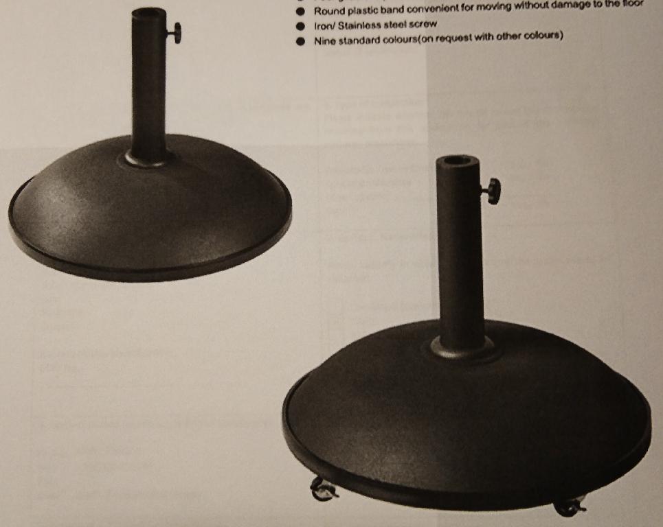 'Environmental compound concrete umbrella stand of 50kg'.
Sample was not submitted, classification according to description provided: concrete compound base, made of 90% concrete, 5% rubber, 5% powder coated iron.
Used primarily as an umbrella base.
Imported disassembled: including iron/stainless steel tube to hold the umbrella, a plastic adapter to adjust according to pole size and gliders to prevent scratches.