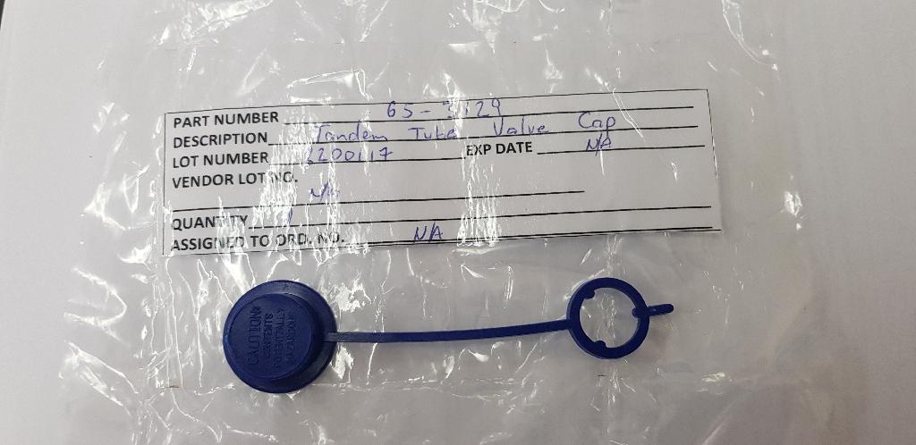 Valve Cap. Product of Cardinal Health. Part No: 65-3129.
As per information provided, this cap component is used as part of the non-return valve that is consequently assembled to one end of the tandem tube P. N: 2-620CE (Not part of this BTI).
Valve Cap is made of Polypropylene Homopolymer