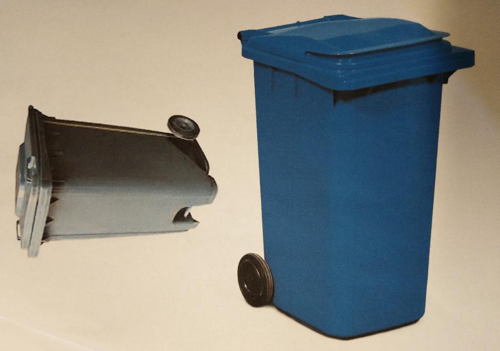 According to the picture and description provided, item is a small waste wheelie bin of plastic with lid, with or without pedal and fitted with wheels.  Capacity of 120ltrs - 240ltrs.
Designed for outside use for storage of waste until collection for transportation to waste disposal or recycling facilities.