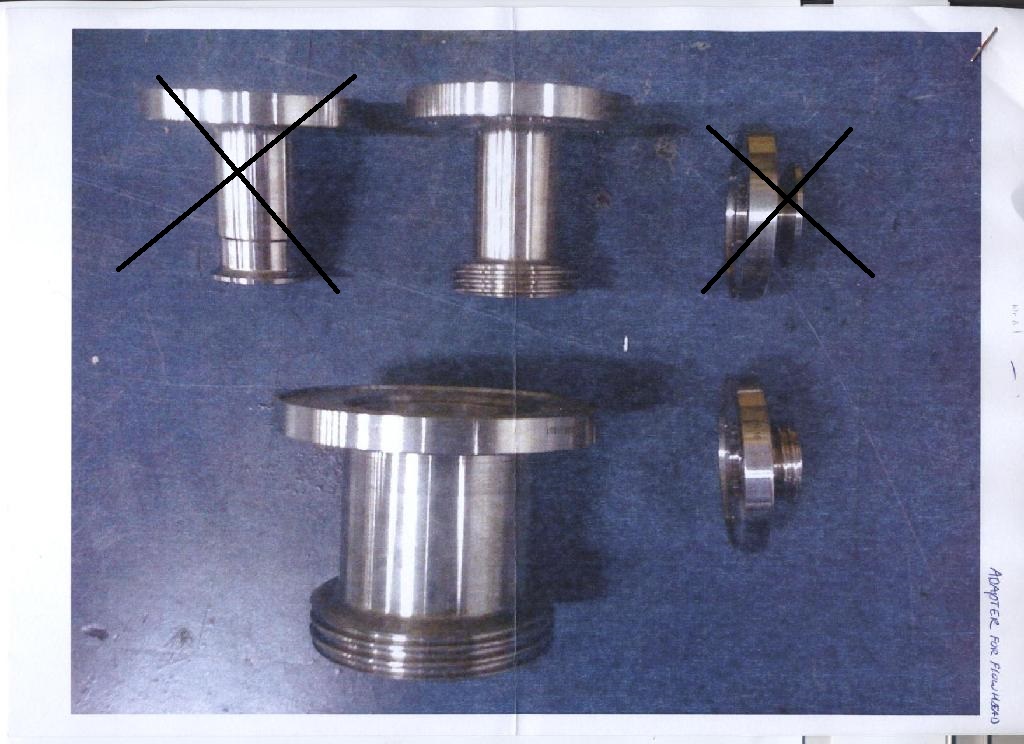 Een zogenoemde adapter for flowheads met -volgens opgave- onder andere de volgende uiterlijke en technische kenmerken:
- bestemd om een verbinding te maken tussen een flowmeter en een buisstuk/-koppeling;
- vervaardigd van roestvrij staal;
- bestaande uit een flens met boutgaten, een verloopstuk en een schroefdraadverbinding;
- een diameter variërend van DN 25 tot DN 150.