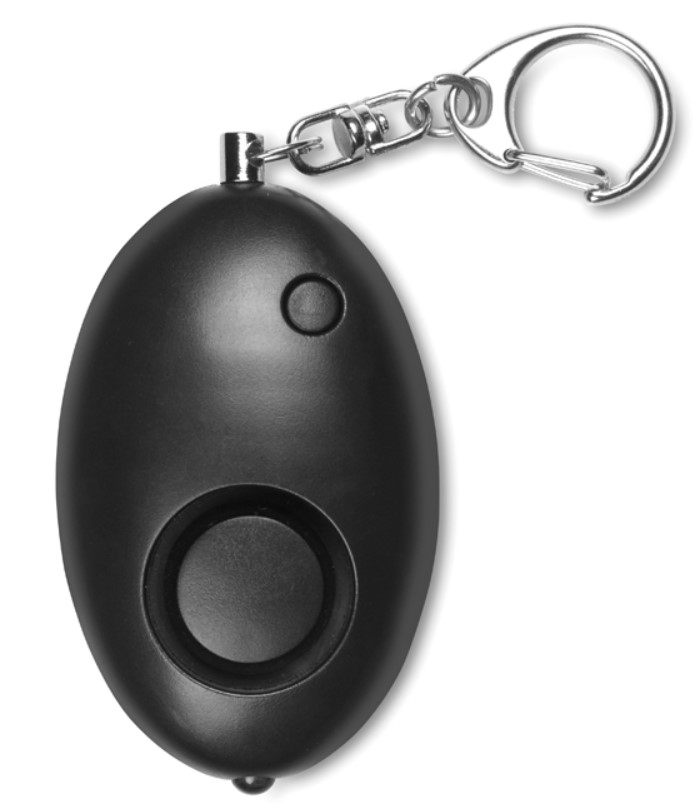 Een sleutelhanger met een alarmunit met –volgens opgave- onder andere de volgende uiterlijke en technische kenmerken:
- een karabijnhaak van onedel metaal met een oog en een klepveer;
- een kettinkje van onedel metaal aan het uiteinde voorzien van een pin;
- alarmunit geplaatst in een ovale behuizing van kunststof;
- aan de bovenzijde voorzien van een opening voor de pin;
- aan de voorzijde voorzien van een drukknop voor de bediening van een led-lampje;
- aan de onderzijde voorzien van een led-lampje;
- werkend op 3 AG 12 batterijen;
- een alarm met een geluidsintensiteit van 100 decibel;
- door de pin uit de behuizing van kunststof te trekken wordt het alarm geactiveerd.