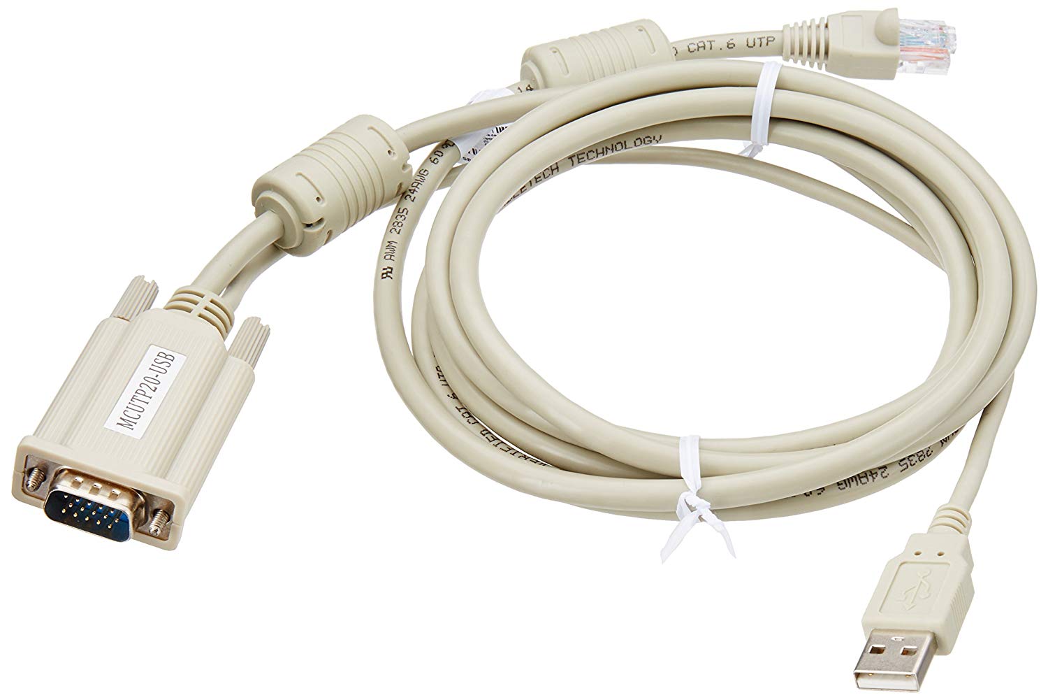 Een zogenoemde MCUTP of KVM kabel met -volgens opgave- onder andere de volgende kenmerken:
- wordt gebruikt voor telecommunicatie;
- is bestemd voor het aansluiten van een RJ-45 connector aan de KVM-zijde met een VGA en een USB connector aan de 
  serverzijde;
- voor spanningen van niet meer dan 1000 volt;
- aan een zijde voorzien van een 15 pins (mannelijke) VGA connector en USB connector;
- aan de andere zijde voorzien van een RJ-45 connector;
- een lengte van 60, 200, 400 of 600 cm.
Het product wordt per stuk in een plastic zakje verpakt, voorzien van een label met het productnummer en het serienummer.