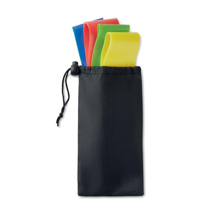 Een zogenoemde fitnessband met -volgens opgave- onder andere de volgende kenmerken en eigenschappen:
- voor fitness-/trainingsdoeleinden;
- een ronde weerstandsband van niet-gevulkaniseerde rubber;
- in 4 verschillende kleuren/sterktes/weerstanden;
- zonder handgreep;
- afmetingen per band van ongeveer 30 x 5 cm, verpakt in een etui met afmetingen van ongeveer 20 x 10 cm;
- aangeboden voor de verkoop in het klein in een zakje van textiel (polyester) met een aanrijgkoordje en  een stopper.