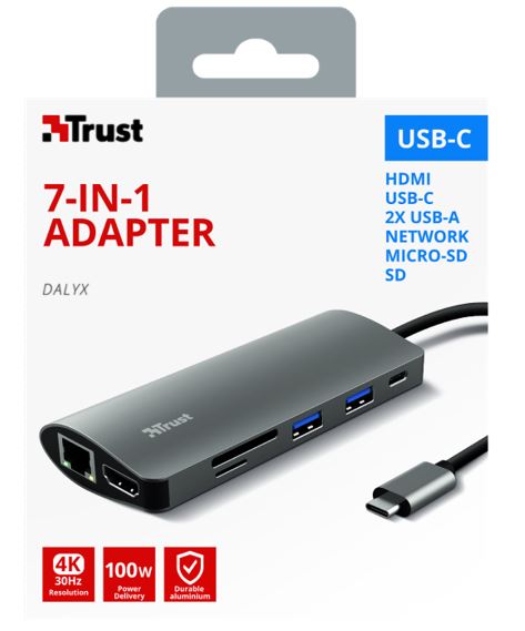 Een zogenoemde 7-in-1 adapter met -volgens opgave- onder andere de volgende uiterlijke en technische kenmerken:
- voor aansluiting op een computer en tablet, voor het verwerken van signalen afkomstig van de 
  centrale verwerkingseenheid;
- voor signalen van HDMI(video), USB, ethernet, micro-SD en SD-kaart en geschikt voor het opladen van 
  diverse apparaten met USB-aansluiting;
- in een aluminium behuizing, bevattende een gedrukte schakeling, een USB-A- (2x), een USB-C-, een HDMI-, 
  een ethernet-, een micro-SD- en een SD-kaart aansluiting;
- aan één zijde een kabeltje met een USB-C-aansluitstuk;
- afmetingen van 40 x 15 x 112 mm en een gewicht van 57 gram.