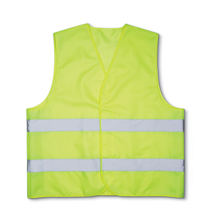 Een veiligheidsvest met –volgens opgave- onder andere de volgende kenmerken en eigenschappen:
- bestemd om voor herkenbaarheid over andere kleding op het bovenlichaam te worden gedragen;
- vervaardigd van een breiwerk van polyester;
- recht van snit;
- een v-vormige halsopening;
- een gehele opening aan de voorzijde, links over rechts sluitend met klittenband;
- 2 opgenaaide, horizontale, reflecterende stroken met zichtbaarheidsniveau klasse II; 
- zonder boord;
- zonder mouwen;
- afgebiesde randen;
- afmetingen van ongeveer 65 x 70 cm.