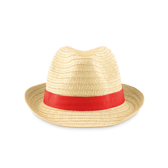 Een zogenoemde Trilby hoed met –volgens opgave- onder andere de volgende kenmerken:
- vervaardigd van spiraalvormig aan elkaar genaaide stroken van gevlochten papier;
- heeft het uiterlijk van natuurlijk stro;
- rondom voorzien van een gedeeltelijk opstaande rand met een breedte van ongeveer 5 cm;
- een gedeukte bovenzijde;
- een losse gekleurde band aan de buitenzijde vervaardigd van een weefsel van -volgens opgave-
polyester;
- aan de binnenzijde voorzien van een ingenaaide zweetband van een weefsel van textiel.