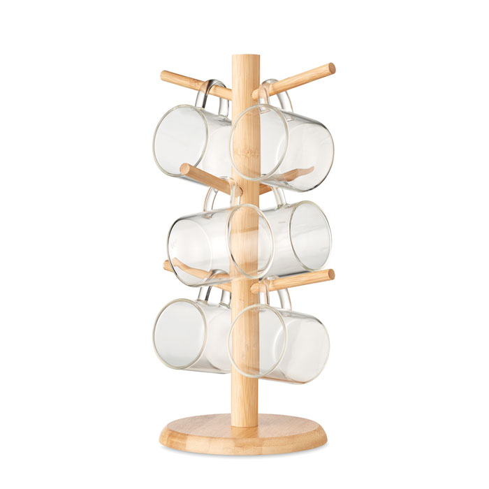 Een assortiment van glazen met een bekerhouder met –volgens opgave– onder andere de volgende kenmerken:
- voor het nuttigen van dranken;
- voor het decoratief bijeenhouden/presenteren van drinkglazen;
- voor tafel- of keukengebruik;
- bestaande uit een boomvormige houder op ronde voet met 6 uitsteeksels (van bamboe) en 6 mechanisch vervaardigde drinkglazen met oor (van hittebestendig borosilicaat);
- per glas een inhoud van ongeveer 200 ml;
- afmetingen van de houder van ongeveer ø 19 x 34 cm.
Het geheel is opgemaakt voor de verkoop in het klein en wordt aangeboden in een verpakking van karton.
