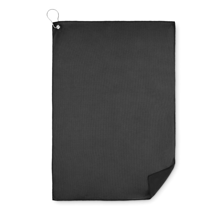Een zogenoemde golfhanddoek met – volgens opgave – onder andere de volgende kenmerken en samenstelling:
- bestemd om te gebruiken tijdens het golfen;
- vervaardigd van synthetisch brei- of haakwerk;
- voorzien van een oog van onedel metaal in een hoek en een haak van onedel metaal om de handdoek aan de golftas te hangen.
- afmetingen zijn ongeveer 40 x 60 cm.