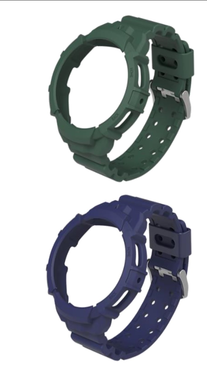Een horlogeband met –volgens opgave- onder andere de volgende samenstelling en kenmerken:
- bestemd voor de bescherming van een smartwatch tegen krassen, vlekken en stoten;
- bestemd om een smartwatch in te dragen om de pols;
- vervaardigd van voorgevormd polycarbonaat kunststof voor de “kast” van de smartwatch met een fluoroelastomeer rubber band;
- voorzien van een dubbelpins sluiting;
- bestemd voor een bepaald model smartwatch: Watch4, Watch5, Watch5 pro;
- leverbaar in diverse kleuren.
Opgemaakt voor de verkoop in het klein, verpakt in een verpakking van polycarbonaat.