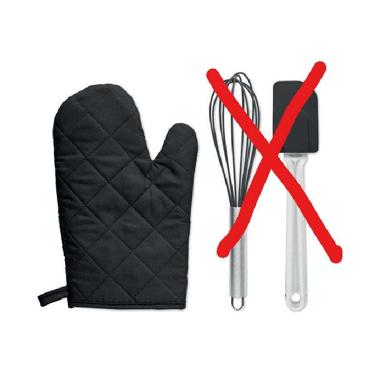 Een zogenoemde ovenwant met –volgens opgave- onder andere de volgende samenstelling en kenmerken:
- om in de keuken te gebruiken bij het hanteren van hete pannen of schalen;
- vervaardigd van een weefsel van RPET en katoen;
- een vulling van polyester;
- afmetingen van ongeveer 28 x 19 cm.
Het geheel is opgemaakt voor de verkoop in het klein in een kartonnen doos tezamen met een garde en spatel waarvoor separaat BTI's met de referentienummers NL BTI 2022-0931 en NL BTI 2022-0931-1 zijn opgemaakt.