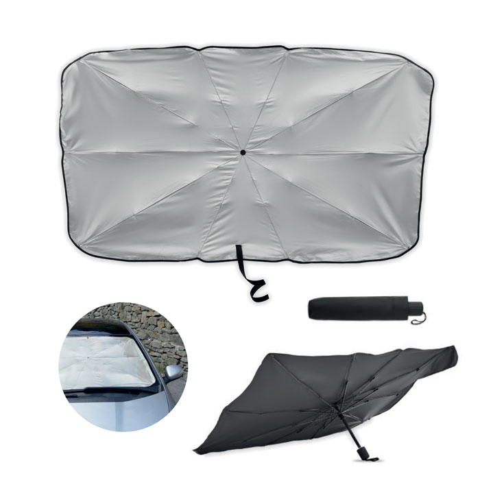 Een parasol met -volgens opgave- de volgende kenmerken:
- voor gebruik als zonwering achter een ruit van bijvoorbeeld een personenauto;
- 10 baleinen voorzien van scharnieren;
- een rechthoekig doek van textiel van synthetische vezels dat aan één zijde is voorzien van een zilverkleurige coating;
- de baleinen zijn bevestigd aan een element met een drukknopmechanisme dat over een telescopische stok schuift;
- de telescopische stok bestaat uit kunststof en onedel metaal;
- aan één uiteinde van de stok is een handvat van kunststof aangebracht;
- een lint met een klittenbandsluiting voor het borgen van de parasol wanneer deze is ingeklapt;
- bij het uitklappen van de parasol ontstaat een rechthoekig oppervlak met afmetingen van 79 x 140 cm.
De parasol wordt in een hoes van textiel van kunstmatige vezels aangeboden.