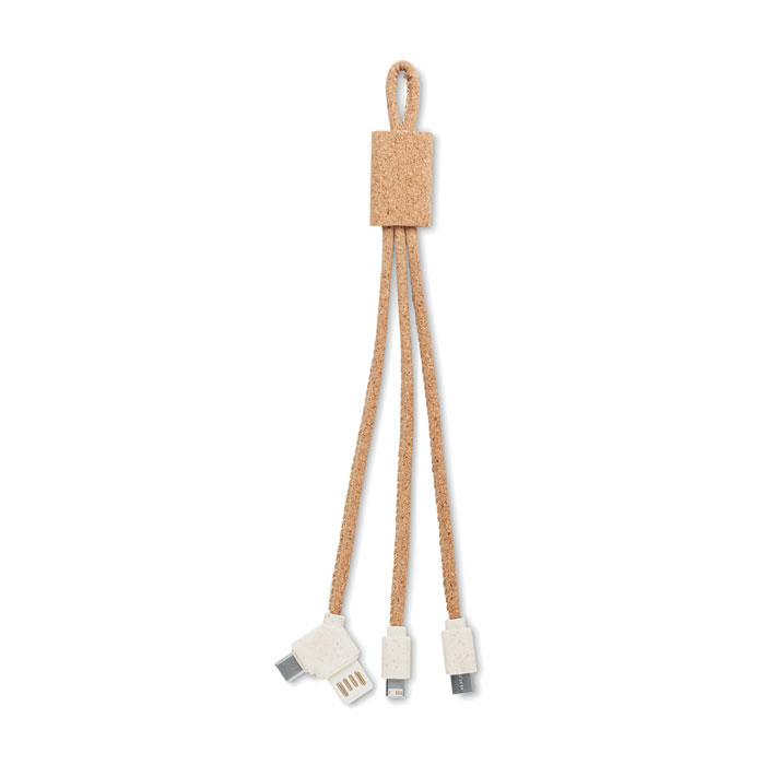 Een zogenoemde 3 in 1 oplaadkabel met –volgens opgave- onder andere de volgende uiterlijke en technische kenmerken:
- voor de elektrische voeding van diverse apparaten;
- een dubbele input met een USB kabel met een USB-A-aansluiting zonder behuizing en een USB-C-aansluiting;
- een outputkabel met een micro B2 in 1-aansluiting;
- een outputkabel met een USB-C-aansluiting;
- doordat de behuizing van de USB-A-aansluiting ontbreekt kan de kabel alleen gebruikt worden voor het opladen met elektriciteit en niet voor gegevensoverdracht;
- de kabels zijn omhuld met kurk;
- de kabels worden bij elkaar gehouden met een rechthoek van kurk met daaraan een lus;
- voor het geleiden van elektriciteit van niet meer dan 1000 V;
- afmetingen van 22 x 2,1 x 0,7 cm.

Het product is opgemaakt voor de verkoop in het klein en per 250 stuks verpakt in een kartonnen doos.